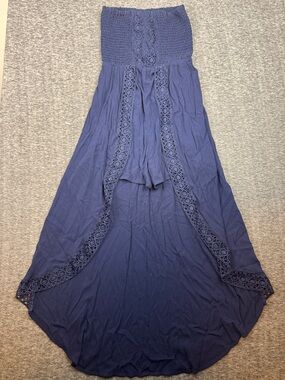 No Boundaries Navy Smocked High-Low Maxi Skirt with Lace Insets